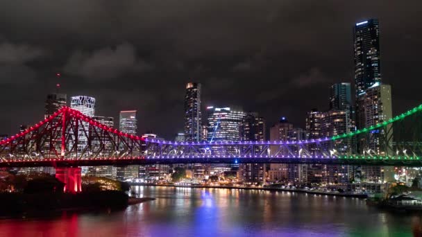 Brisbane Stad Nachts Timelapse Blik Verhalenbrug — Stockvideo