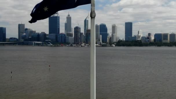 Slow Motion Aerial Rising Shot Australian Flag Reveals Perth Impressive — Stock Video