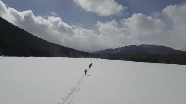 Drone Disparo Esquiadores Backcountry Pelando Través Del Lago Congelado Invierno — Vídeo de stock