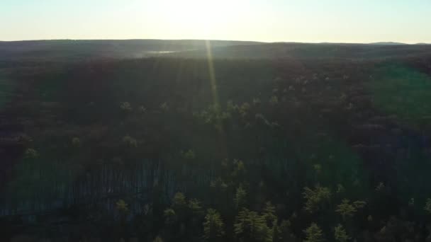 Szybki Krótki Dron Wiruje Nad Zalesionymi Wzgórzami Zimowym Wschodzie Słońca — Wideo stockowe