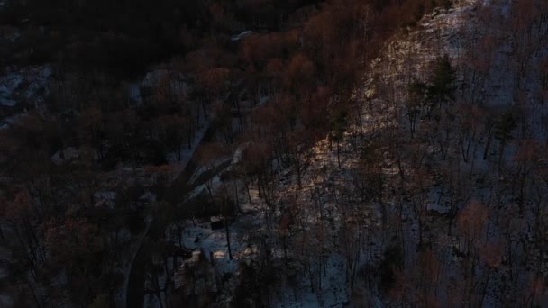 Lot Dronem Nad Zaśnieżonym Grzbietem Lasu Wiejskimi Domami Pokrytymi Śniegiem — Wideo stockowe