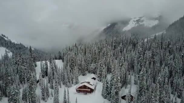 Drone Voando Sobre Cabine Remota Madeiras Inverno Aninhado Borda Penhasco — Vídeo de Stock
