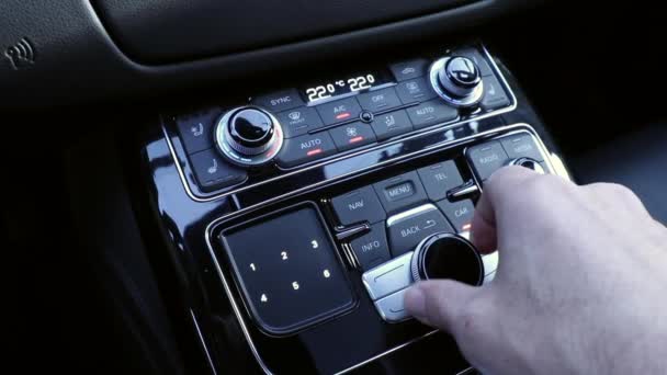 Hand Operating Luxury Car Console Close — Αρχείο Βίντεο