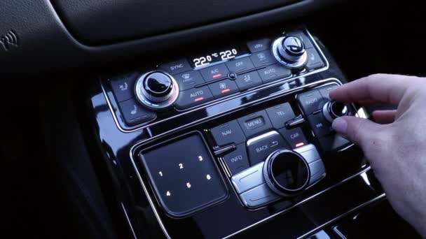 Hand Operating Luxury Car Console Close — Αρχείο Βίντεο