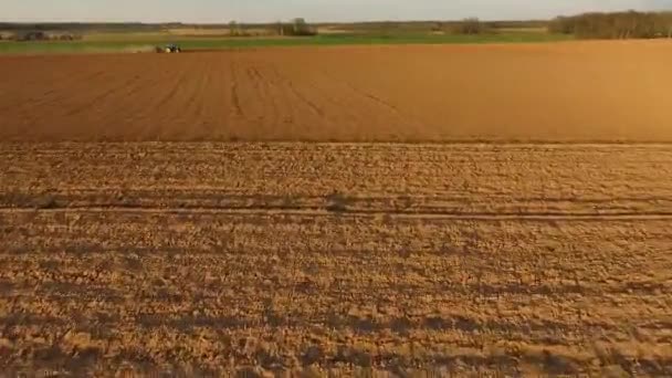 Sowing Fields Tractor Seeder Dusty Field Aerial View — Stock Video