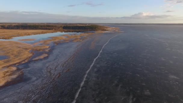 Calm Lake Burtnieks Little Ice High Water Level Spring Aerial — Stockvideo