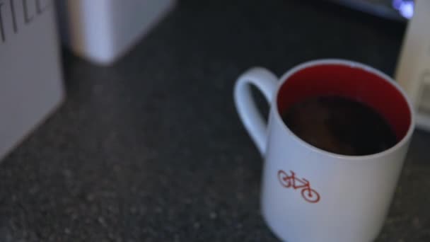 Adding Cream Sugar White Mug Coffee Removing Counter — Stockvideo