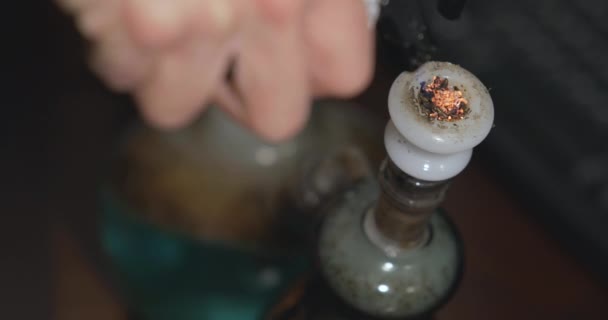 Medical Marijuana Lit Inhaled Bong Cannabis Smoke Slowly Falls — Stockvideo