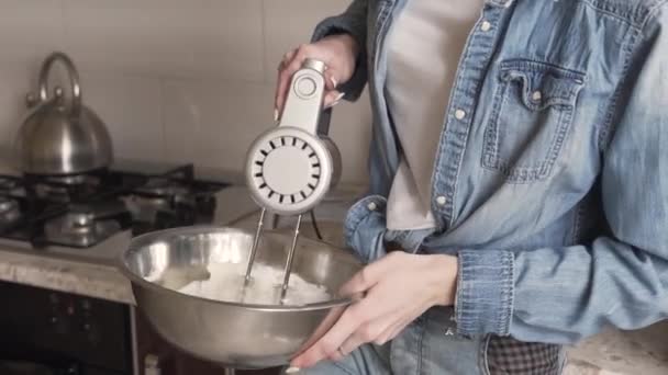 Beautiful Girl Blends Flour Butter Other Ingredients Large Silver Bowl — Stockvideo