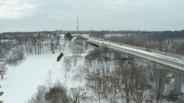 Αεροφωτογραφία Δεκάδων Αυτοκινήτων Που Διασχίζουν Μια Χιονισμένη Γέφυρα Κατά Διάρκεια — Αρχείο Βίντεο