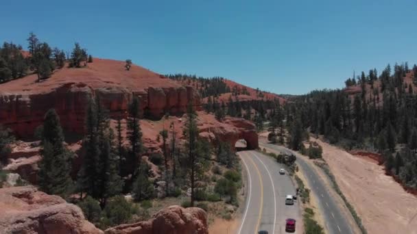Drone Footage Red Rock Road Winding Hills Tunnel Sparse Pine — Video