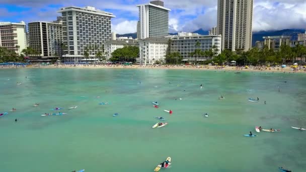 Drone Footage Back Away Surfers Waikiki Beach Island Oahu Hawaii — Vídeos de Stock