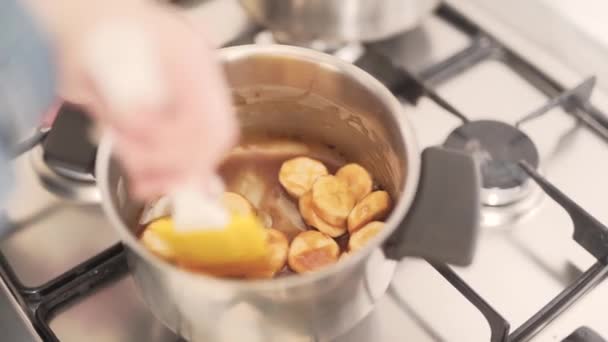 Close Scene Woman Who Making Cream Cake Bananas Melted Chocolate — Stock Video