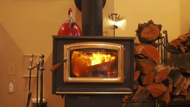 Woodstove Heat Interior Logs Kettle Top — Stockvideo