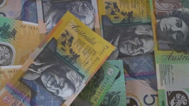 Close Australian Money Falling Table Currency Falling — Αρχείο Βίντεο