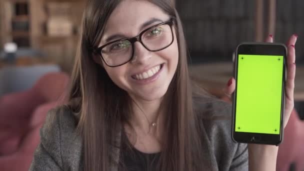 Adorable Young Business Lady Glasses Sitting Cafe Holding Phone Smiling — Video