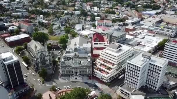 Drone Vista Del Centro Dunedin Con Ayuntamiento Catedral Nueva Zelanda — Vídeo de stock