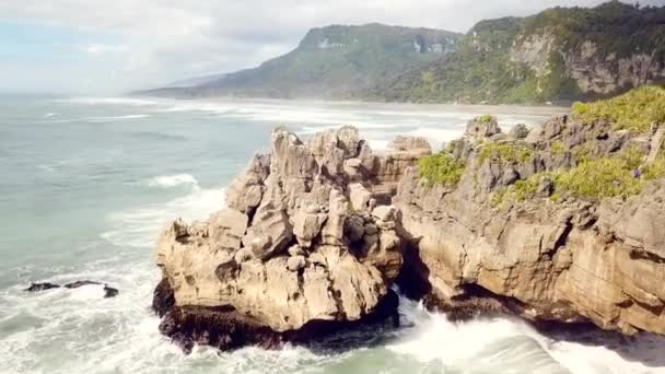 Drone View Pancake Rocks Dolomite Point Punakaiki New Zealand — Stockvideo