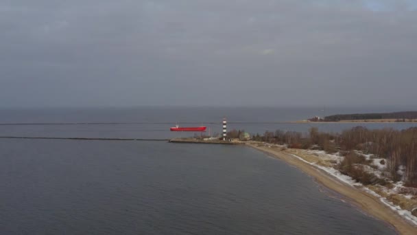 Aerial View Container Ship Comming Port Light House Foreground — 图库视频影像