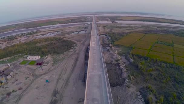 Aerial View Constructed Bridge Farms River — Vídeos de Stock