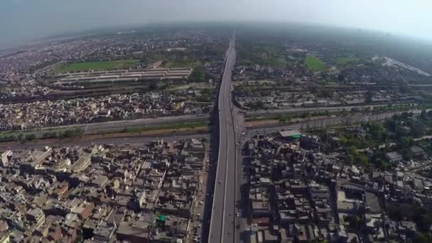 Aerial View Traffic Passes Junction Canal Bridge Highway — Wideo stockowe