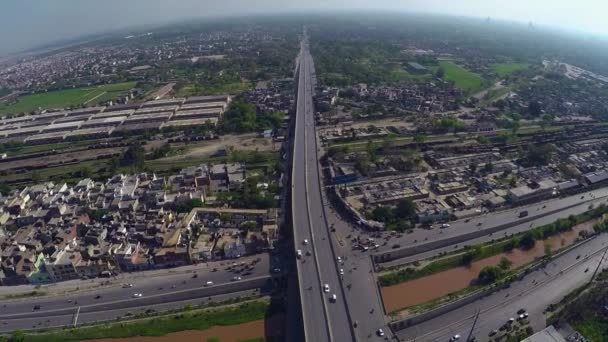 Aerial View City Traffic Road Junction Canal Bridge Highway — 비디오