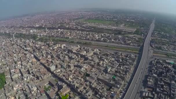 Aerial View City Traffic Road Junction Canal Bridge Highway — 비디오