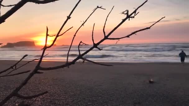 Time Lapse Bandon Beach Sunset Two Men Watching Sun — Vídeos de Stock