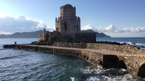 Methoni Castle Bridge Sunny Weather Early Morning Hours Water Waves — Video