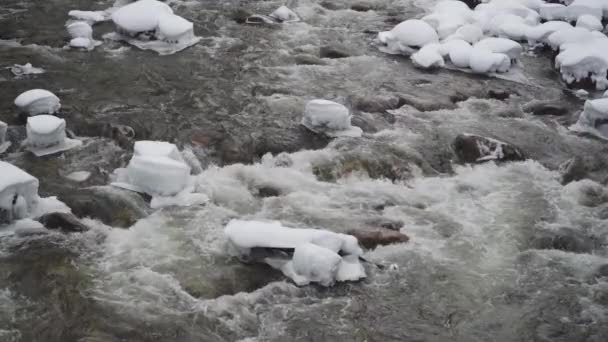 Slow Motion Freezing Stream Cascading Snow Covered Ice Rocks Yosemite — Stockvideo