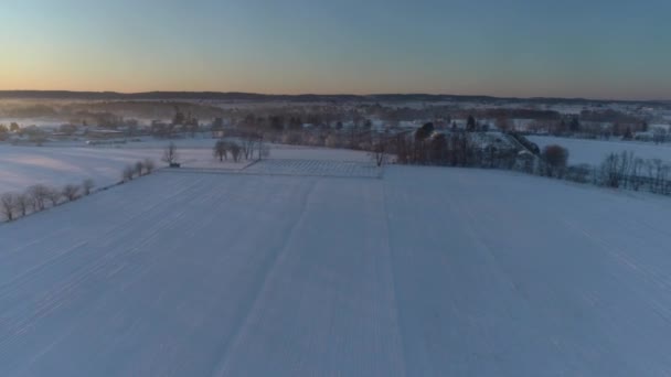 Aerial View Early Morning Sunrise Snow Fall Amish Countryside Senn — Video