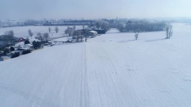 Aerial View Early Morning Sunrise Snow Fall Amish Countryside Senn — Stockvideo