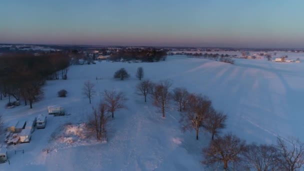 Aerial View Early Morning Sunrise Snow Fall Amish Countryside Senn — Stock video