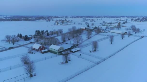 Aerial View Early Morning Sunrise Snow Fall Amish Countryside Senn — Stock video