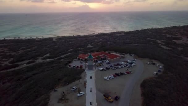 California Lighthouse Ripresa Aerea Subito Dopo Tramonto Aruba Con Mar — Video Stock