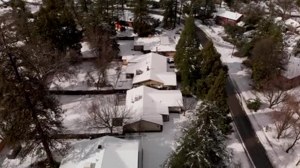 Воздушный Кадр Маленького Сельского Городка Крыши Покрыты Снегом Окруженный Соснами — стоковое видео