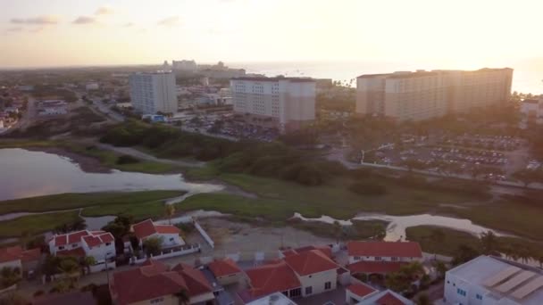 Aerial Sweep Hotels Beach Caribbean Sea Sunset Residential Homes — Wideo stockowe