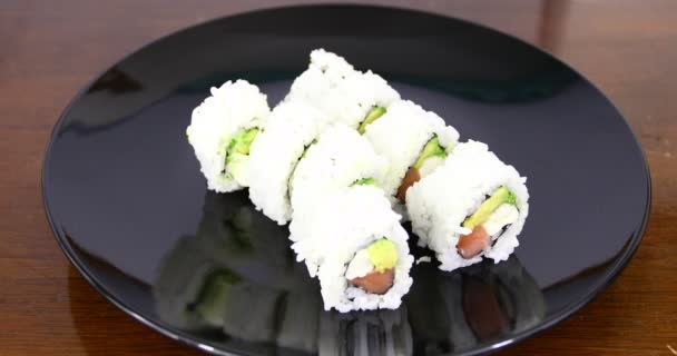 Video Sushi Black Plate Hand Chop Sticks Picking Piece — Vídeos de Stock