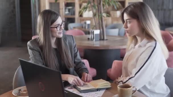 Two Charming Ladies Decide Make Together Business Project Give Each — Stockvideo