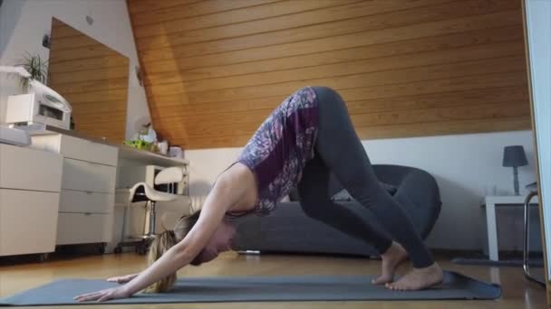 Young Woman Stretches Downward Facing Dog Adho Mukha Svanasana Pose — Video