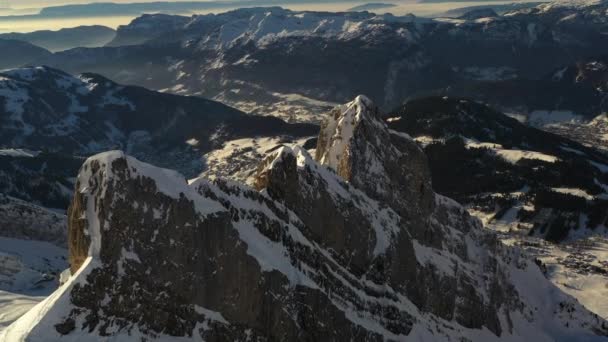 Aerial Drone Shot Flying Snow Covered Mountain Ridge French Alps — Stockvideo