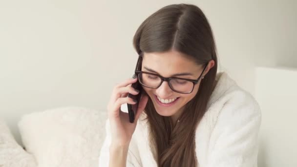 Charming Young Girl Talking Phone Smiling Laughing Girl Wearing Glasses — Stock Video