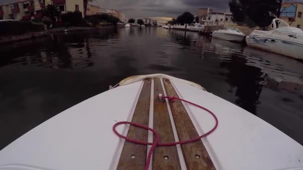 Front Small Boat Riding Water Canals Empuriabrava Sunset — Video