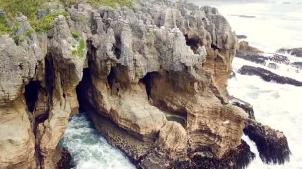 Drone View Pancake Rocks Dolomite Point Punakaiki New Zealand — Vídeo de Stock