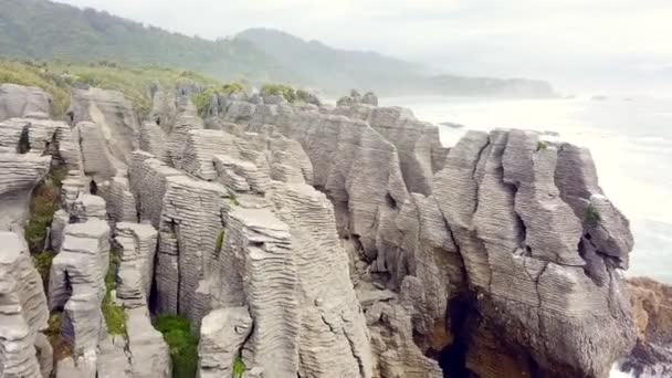 Drone View Pancake Rocks Dolomite Point Punakaiki New Zealand — Stock video