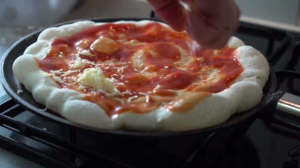 Hands Putting Mozzarella Top Most Authentic Italian Pizza — Wideo stockowe