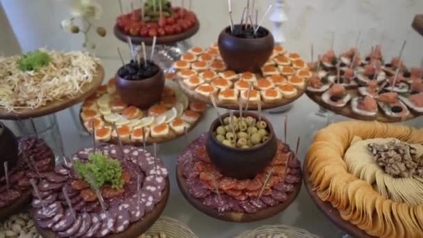 Very Beautifully Organized Circles Rows Salty Food Buffet Caviar Canapes — Vídeos de Stock