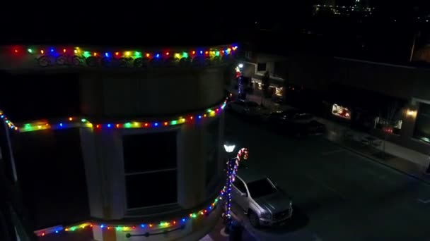 Town Night Decorated Christmas Lights Aerial View — Stock Video