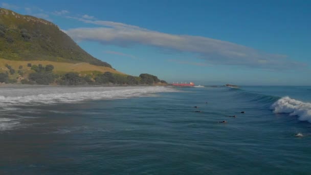 Aerial Surfers Mount Maunganui Beach New Zealand — Wideo stockowe