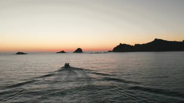 Aerial Sunrise Water Hahei Beach Fishing Boat — Stock video